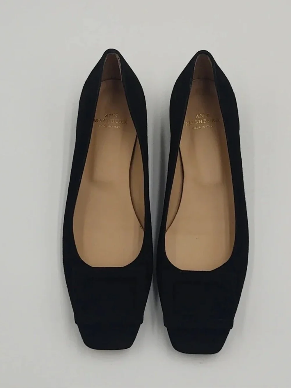 ANN MASHBURN Buckle Heel Black Suede size 38 US 9.5 small heel flats